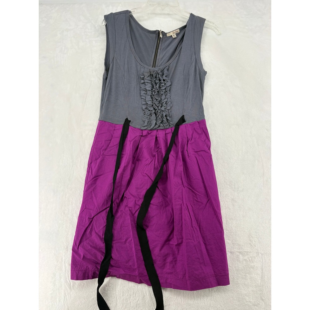 Be Bop Dress Womens Medium Fit & Flare Gray Purple Ruffle Front Sleeveless